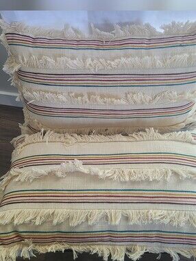 Fringed Striped Decorative Throw Pillow - Cream with Multicolor Stripes/ Rainbow